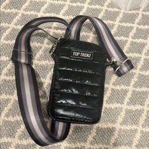 Top Trenz Black Puffer Crossbody Cell Phone Bag with Black Grey Striped Strap